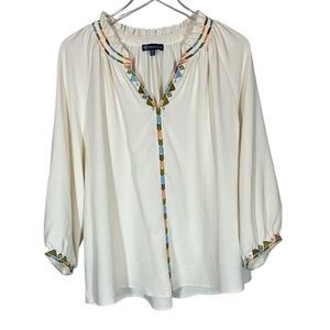 DEMOCRACY Women's XL Bohemian Ivory Flowy Blouse with Colorful Embroidered Trim